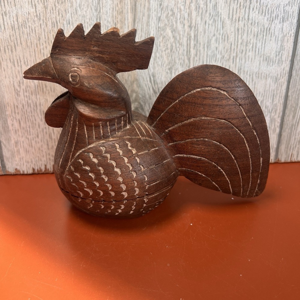 Balinese Indonesian Teak Hand carved farmhouse rooster sculpture trinket box VTG